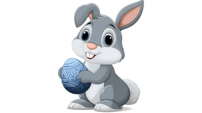Osterhasenkarikaturfigur mit blauem Osterei