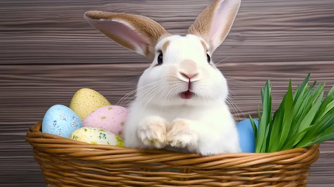 Osterhasenkind in rustikalem Korb mit bunten Eiern
