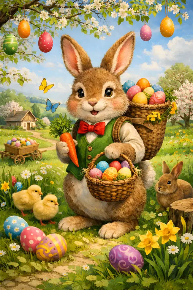 Osterhasenkörbe mit Eiern und Frühlingslandschaft