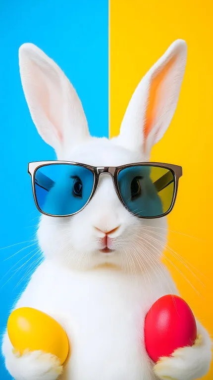 Osterhasenkopf mit Sonnenbrille und Eiern
