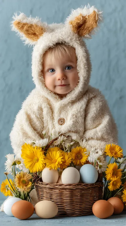 Osterhasenkostüm mit Blumen und Eiern