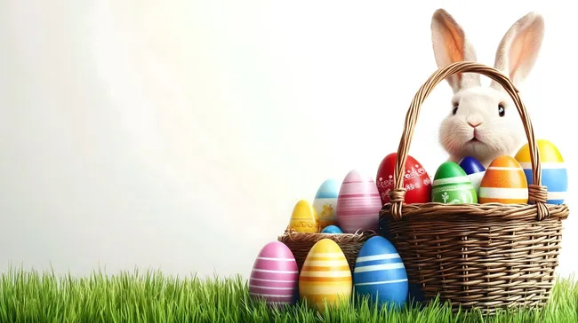 Osterhasenkuscheln und bunte Eier im Korb auf Wiese