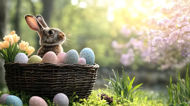 Osterhasenmotiv mit bunten Eiern im Weidenkorb