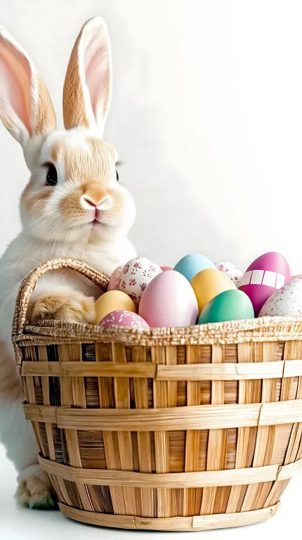 Osterhasenmotiv mit bunten Eiern in Korbschale