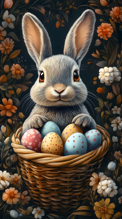 Osterhasenmotiv mit bunten Eiern in Korbvorlage