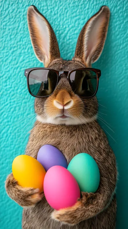 Osterhasenmotiv mit Sonnenbrille und bunten Eiern
