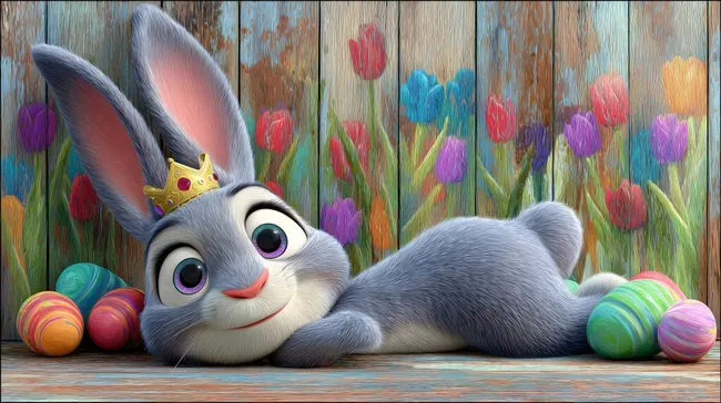 Osterhasenportrait mit bunten Eiern und Frühlingsblumen