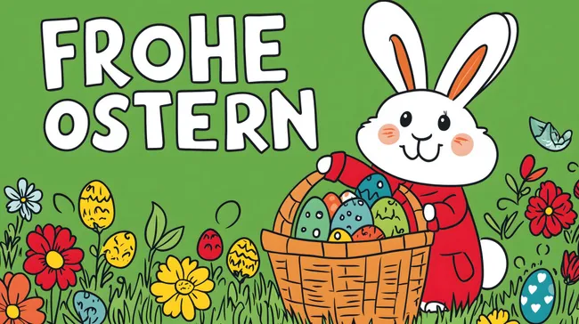 Osterkarte mit Hase, Körbe und Eiern in bunter Frühlingsumgebung