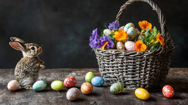 Osterkörbchen mit Blumen und bunten Eiern