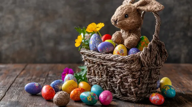 Osterkorb mit bunten, bemalten Eiern und Plüschhase
