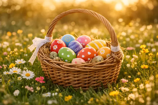 Osterkorb mit bunten Eiern im Sommergarten