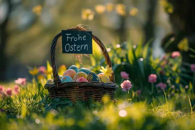 Osterkorb mit bunten Eiern und Blumen