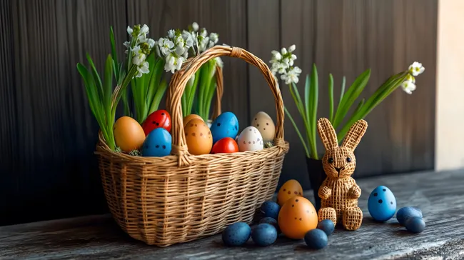Osterkorb mit bunten Eiern und Hasenfigur