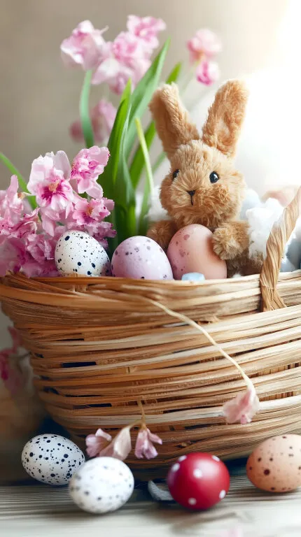 Osterkorb mit Frühlingsblumen und Dekoration