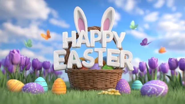 Osterkorb mit Häschenohren und bunten Eiern auf Blumenwiese