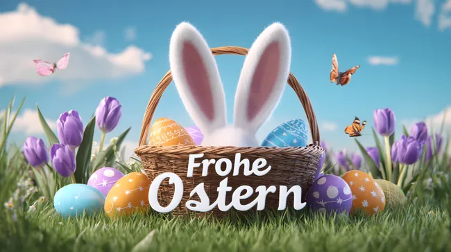 Osterkorb mit Häschenohren und bunten Eiern auf der Frühlingswiese