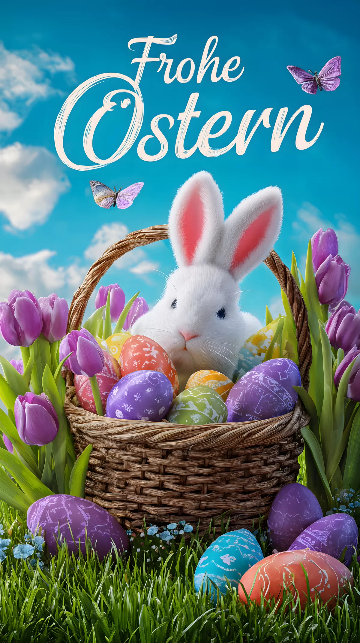 Osterkorb mit Hasen und bunten Eiern im Gras