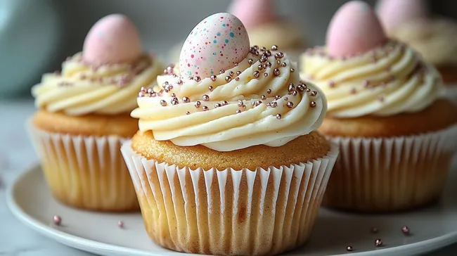 Osterkuchen mit farbenfrohen Zuckereiern und Sahne-Topping