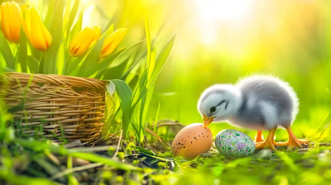 Osterkücken mit bunten Eiern und Tulpen im Frühling