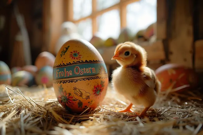 Osterkücken vor bemaltem Ei