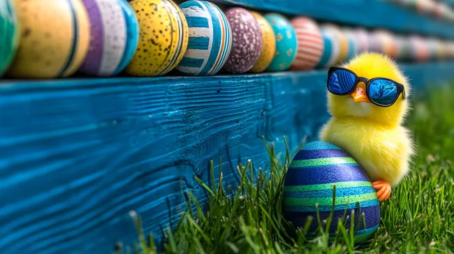 Osterküken in Sonnenbrille neben buntem Ostereikarton