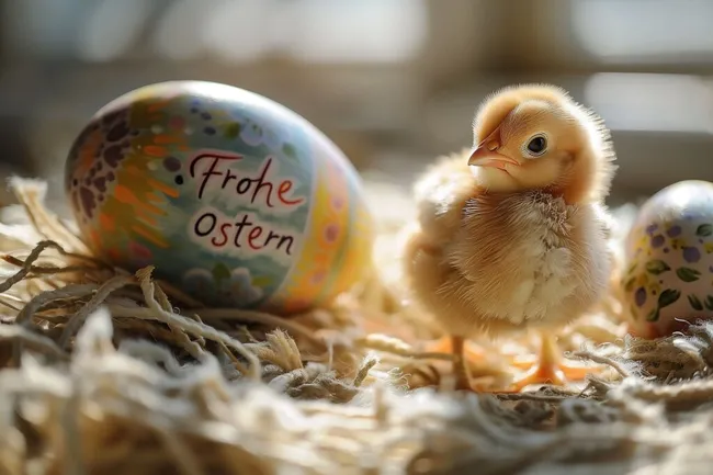 Osterküken vor bemalteten Eiern