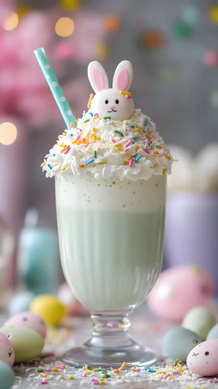 Osterlicher Milchshake mit Hasenfigur und Dekoration