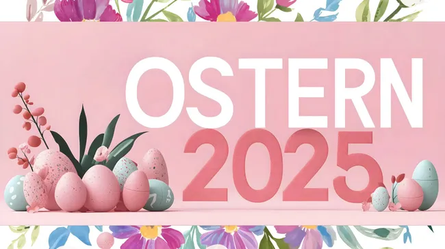 Ostern 2025: Dekorativer rosa Hintergrund mit Eiern und Frühlingsblumen