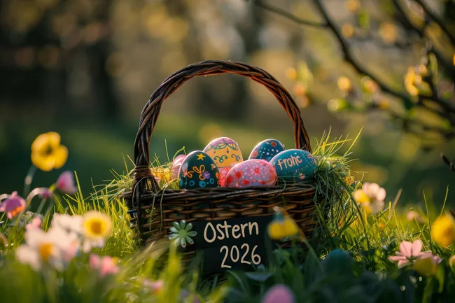 Ostern 2026 - Bunte Ostereier im Korb