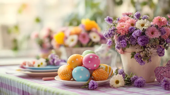 Ostern-Dekoration mit bunten Eiern und Frühlingsblumen