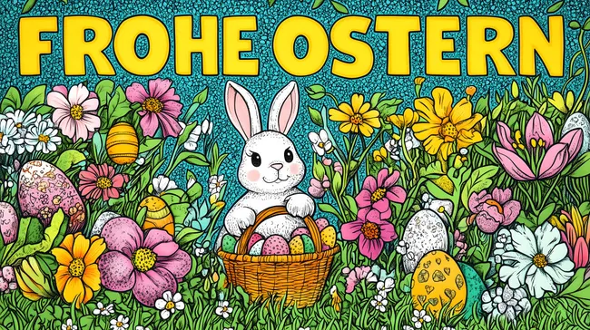 Ostern mit Hasen und Ostereiern in blühender Frühlingswiese