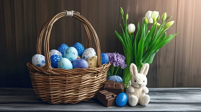 Ostern-Stillleben mit dekorativem Korb und Frühlingsblumen