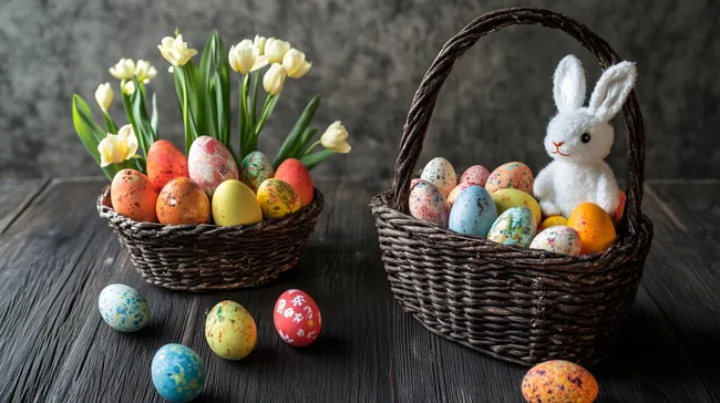 Osternest mit bunten Eiern und Tulpen auf Holztisch
