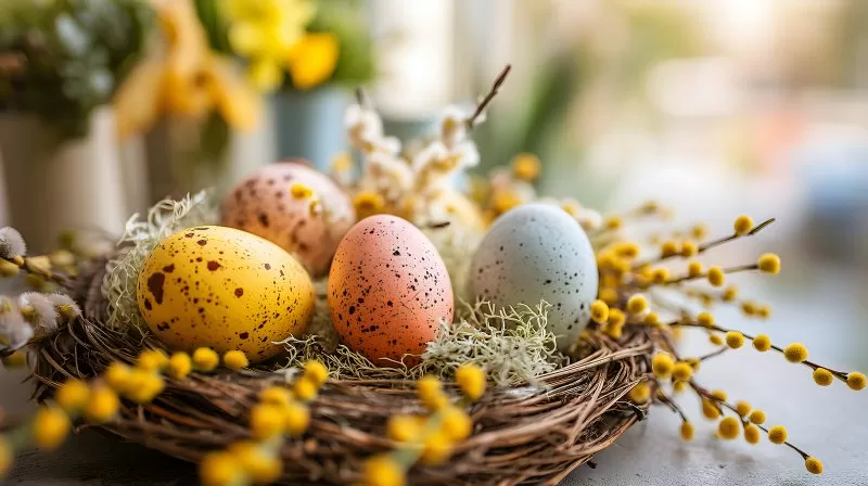 Osternest mit bunten Eiern und Weidenkätzchen im Frühling