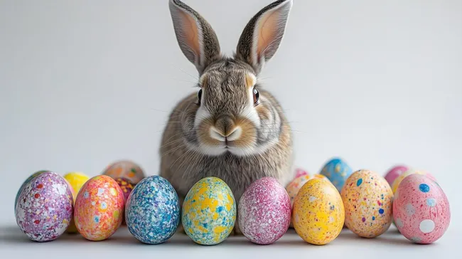 Osternhase und bunte Ostereier in Reihe