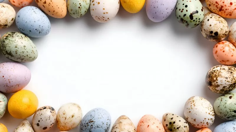 Osterrahmen mit bunten Wachteleiern auf weiß