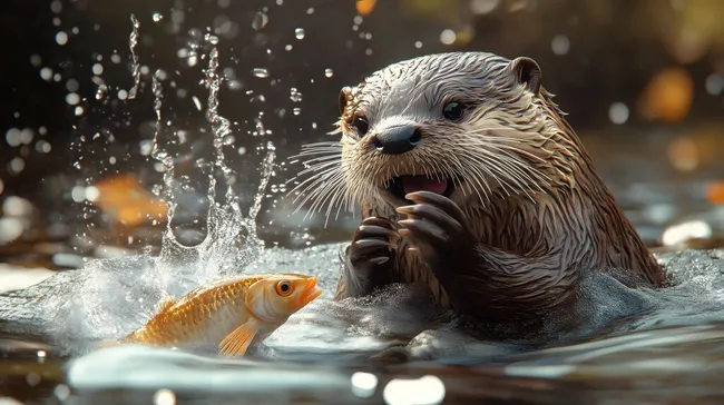 Otter fängt Goldfisch im Wasser