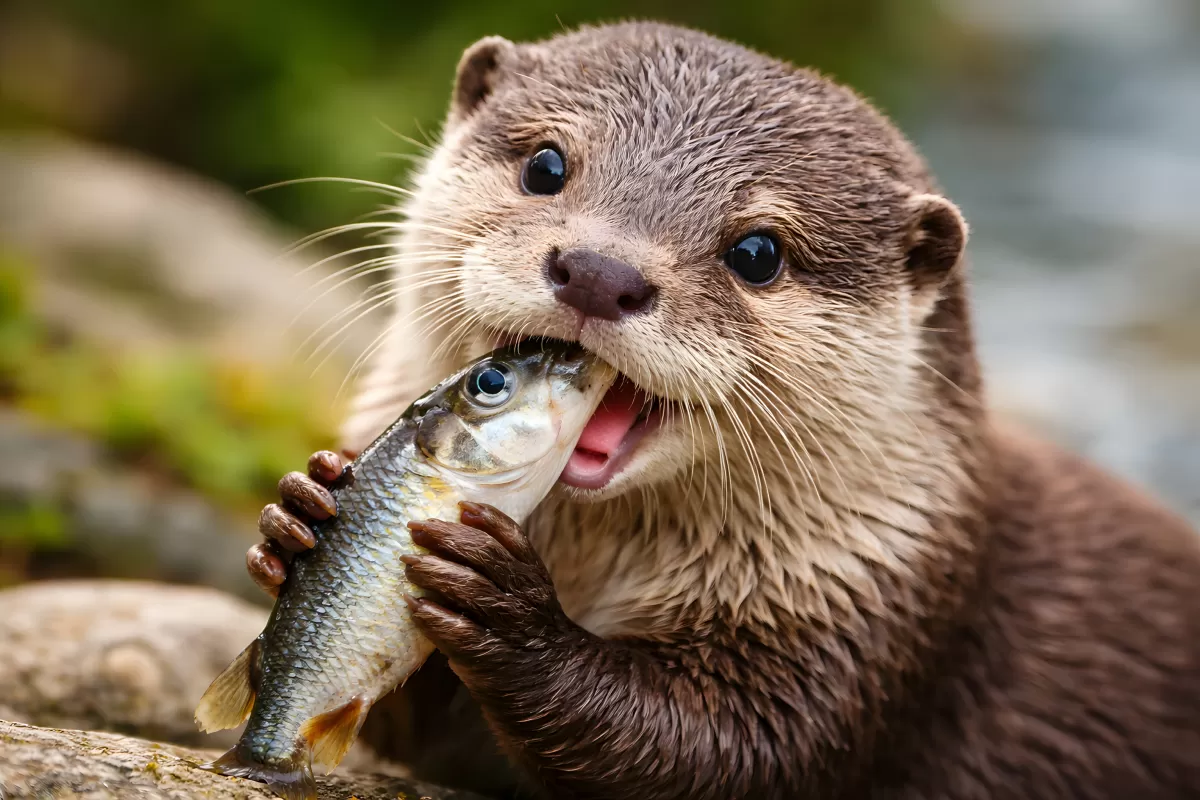 Otter hält frisch gefangenen Fisch in den Pfoten