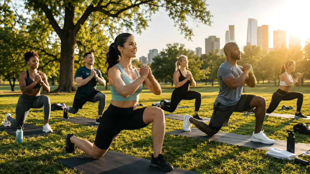 Outdoor-Fitness-Gruppe macht Ausfallschritte im Park