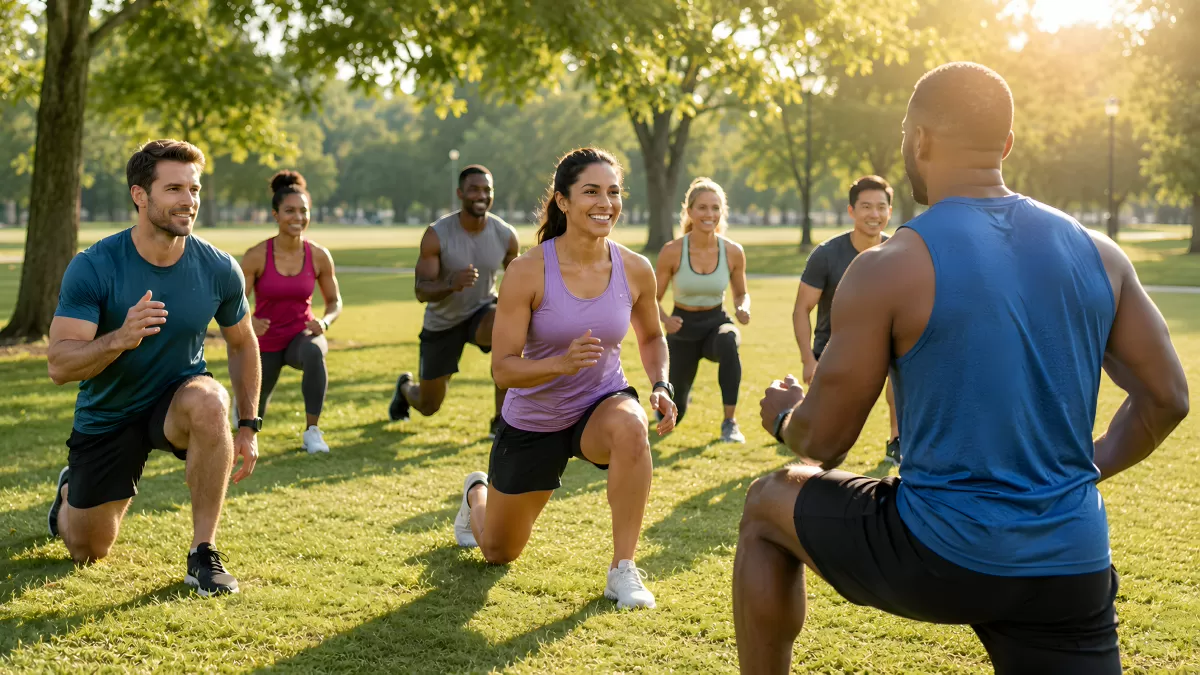 Outdoor-Gruppentraining im Park bei Sonnenschein