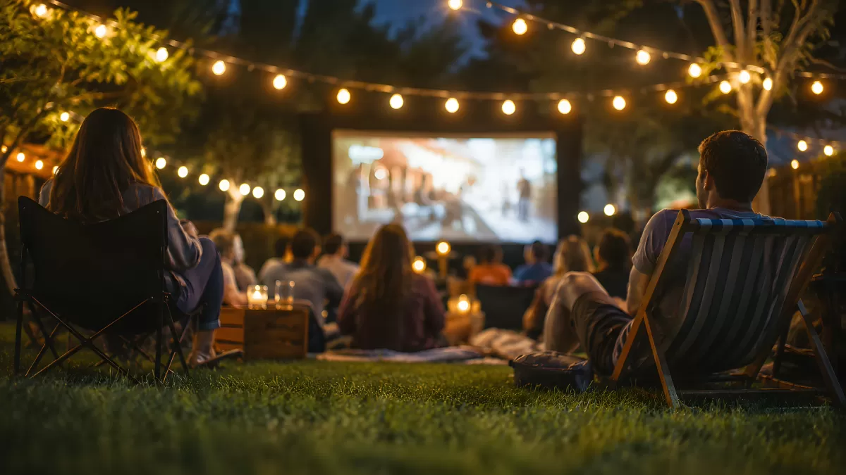 Outdoor-Kino im Garten mit Lichterketten bei Nacht
