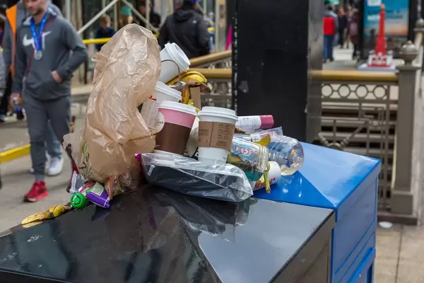 Overflowing litter bins after the 2019 Chicago Marathon