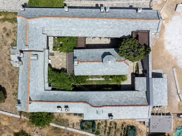 Overhead shot of the renovated Kyra Panagia Monastery on the east coast of the otherwise uninhabited island