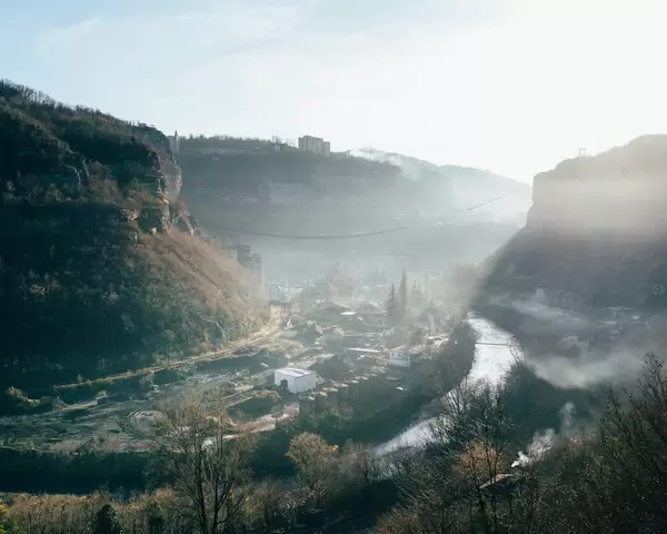 Overlook of extremely polluted manganese mining site in Chiatura, Georgia