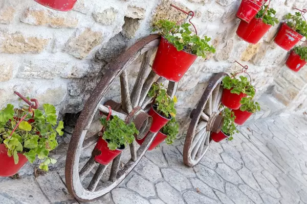 Oxcart wheels and red flowerpots