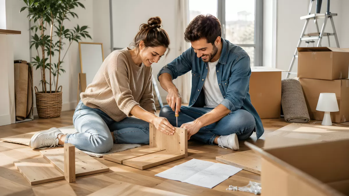 Paar baut gemeinsam Möbel zusammen im neuen Zuhause