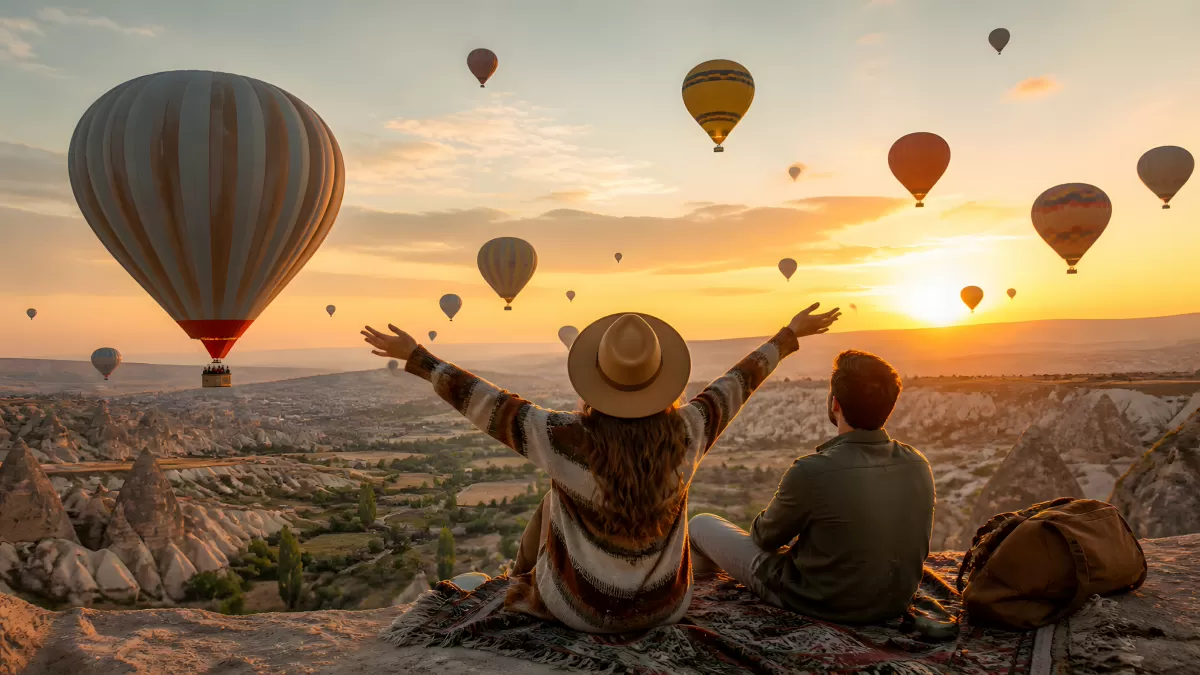 Paar beobachtet Heißluftballons bei Sonnenaufgang in Kappadokien