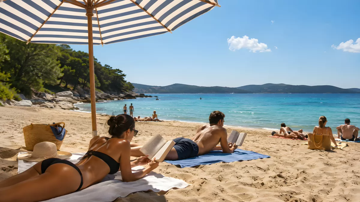 Paar entspannt am Sandstrand unter Sonnenschirm