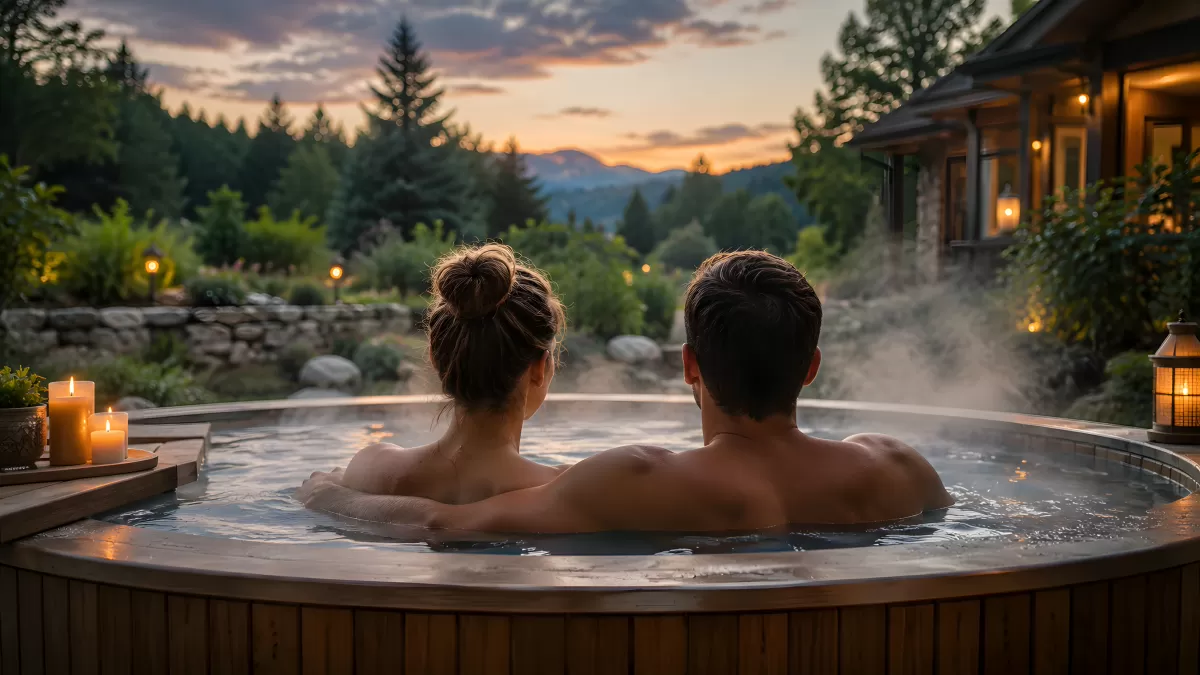 Paar entspannt bei Sonnenuntergang im Outdoor-Whirlpool