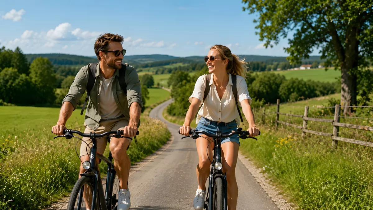 Paar fährt Fahrrad auf Landstraße im Sommer